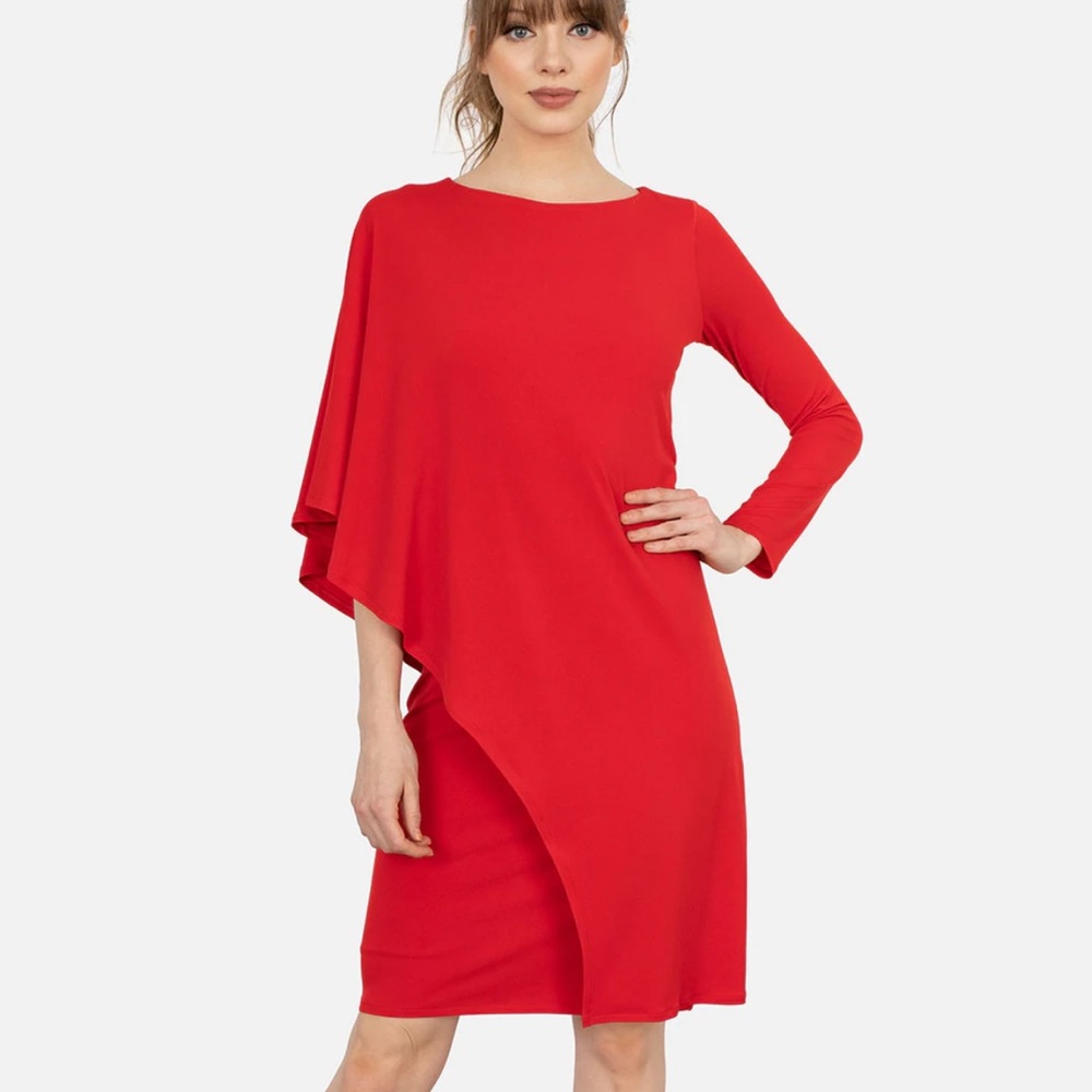 LAST TANGO Stretch Jersey Sheath Dress Batwing 3/4 Sleeve Scoop Neck Red Coral